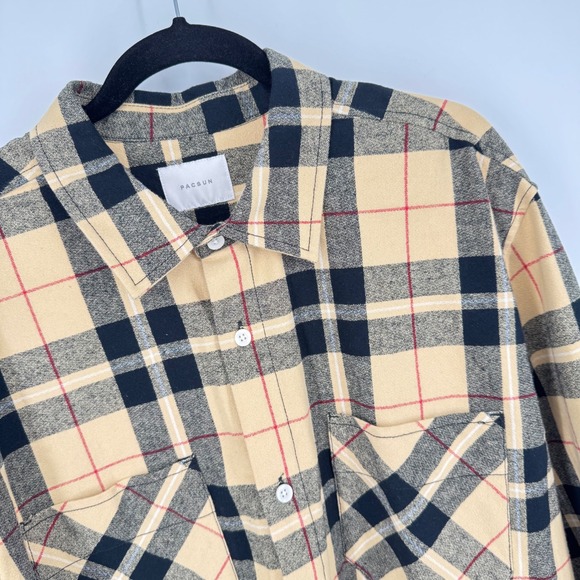 Pacsun Mens Tan Black Plaid Flannel Shirt Long Sleeve Button Down Cotton Large - Picture 1 of 8